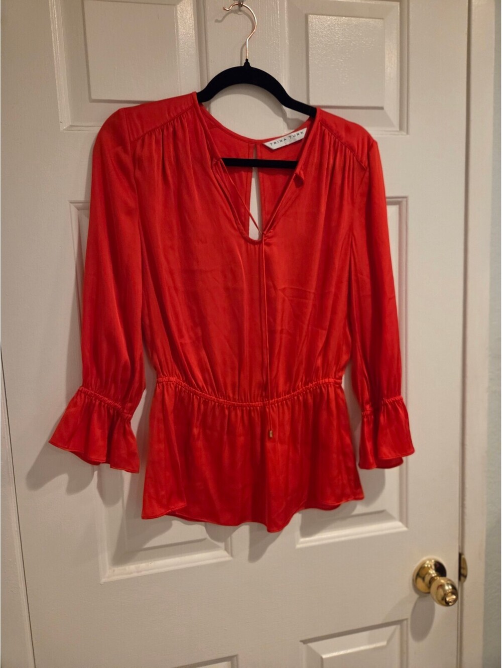 Office Siren Red Silk long sleeve Peplum Blouse - trina turk - small